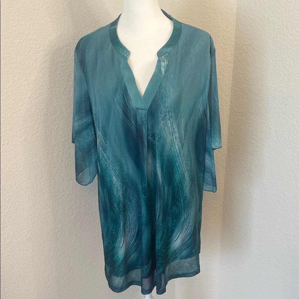 TImeson Elegant Flowy Teal Sheer Overlay Blouse - Size XXL